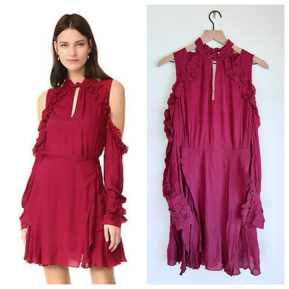 IRO Paris Hanie Ruffle Mini Dress Burgundy Red Cold Shoulder NWT Size 34 XS